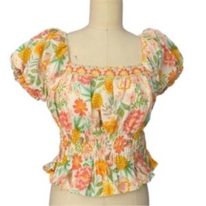 NWT Rachel Zoe Cream Pineapple Floral Puff Sleeve Smocked Crop Top Size 4, 6, 8